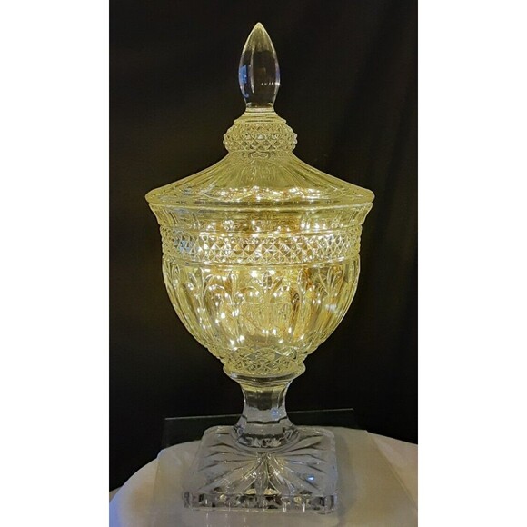 Vintage Tall Lidded Lead Crystal Pedestal Candy Dish w/ Cordless Citrine Lights - Picture 2 of 11